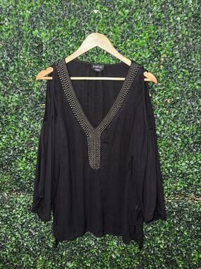 Bebe, Black Beaded Neckline, Open Shoulder, Long Sleeve Blouse Women’s Size L